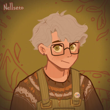 a self portrait picrew of ryn, a white person with green eyes and white blond hair, they have black square glasses, and are wearing a earth tones knitted sweater with green dungarees. they have a crystal necklace on and an autism infinity symbol pin. the b