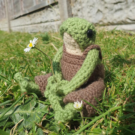 a photo of a crochet frog outdoors on the grass. the frog is green with a off white chest, it is wearing brown dungarees. the frog is positioned so it looks like it is holding a daisy.
